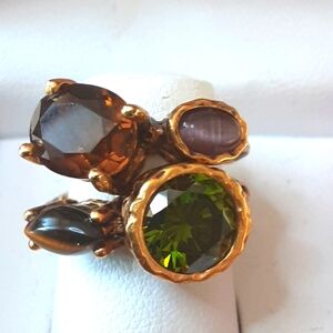 22kt Gold Plated Oxidized Hammered Stackable Gemstone Rings SZ 5